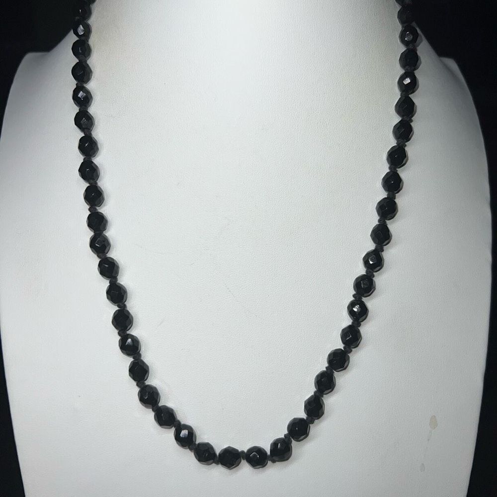 Vintage Hand Strung Black Glass Faceted Bead Necklace with Barrel Fastener